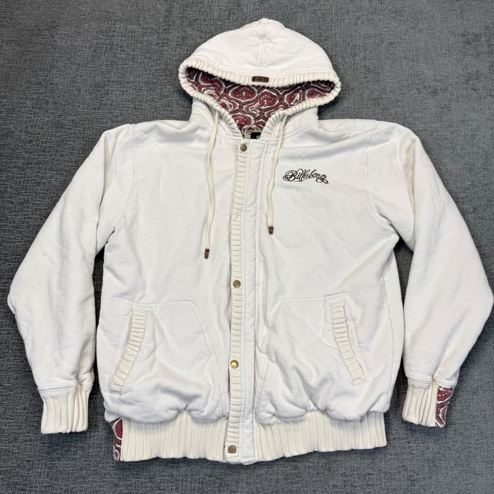 Billabong Sweatshirt Mens XXL Paisley Lined Full Zip Hoodie Cream Quilted Y2K - Picture 2 of 14